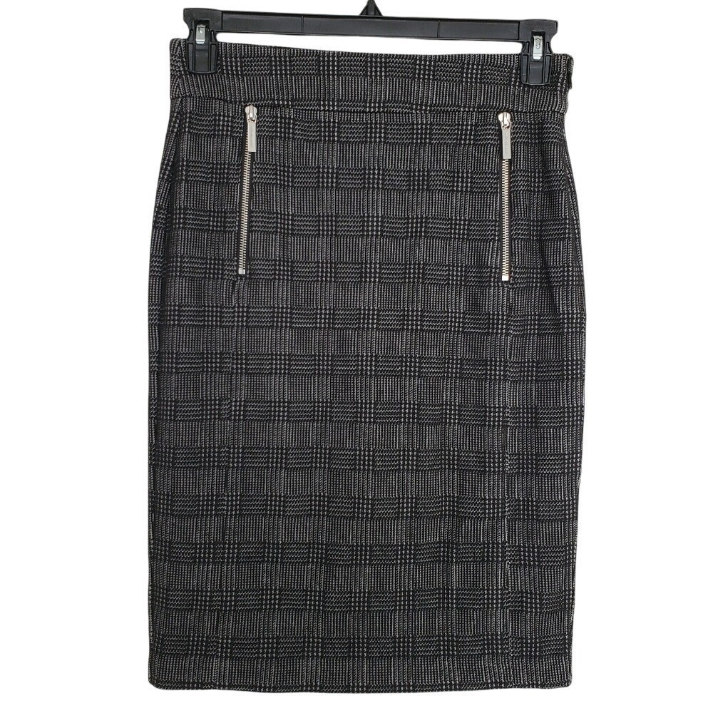 Michael Kors Plaid Pencil Skirt‎ Black and White Zipper Accents Slit SZ:S